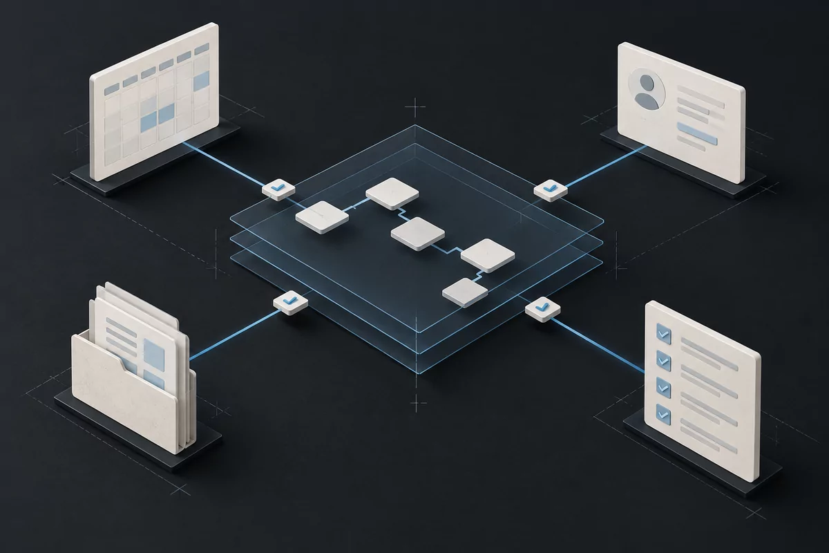 Business tools connected through approval checkpoints to a central managed workflow.